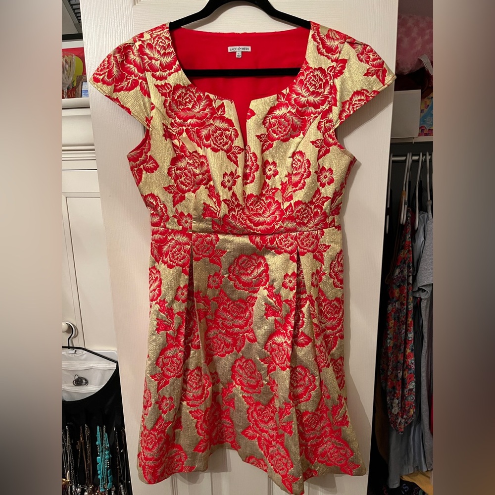 Red & gold ModCloth floral dress